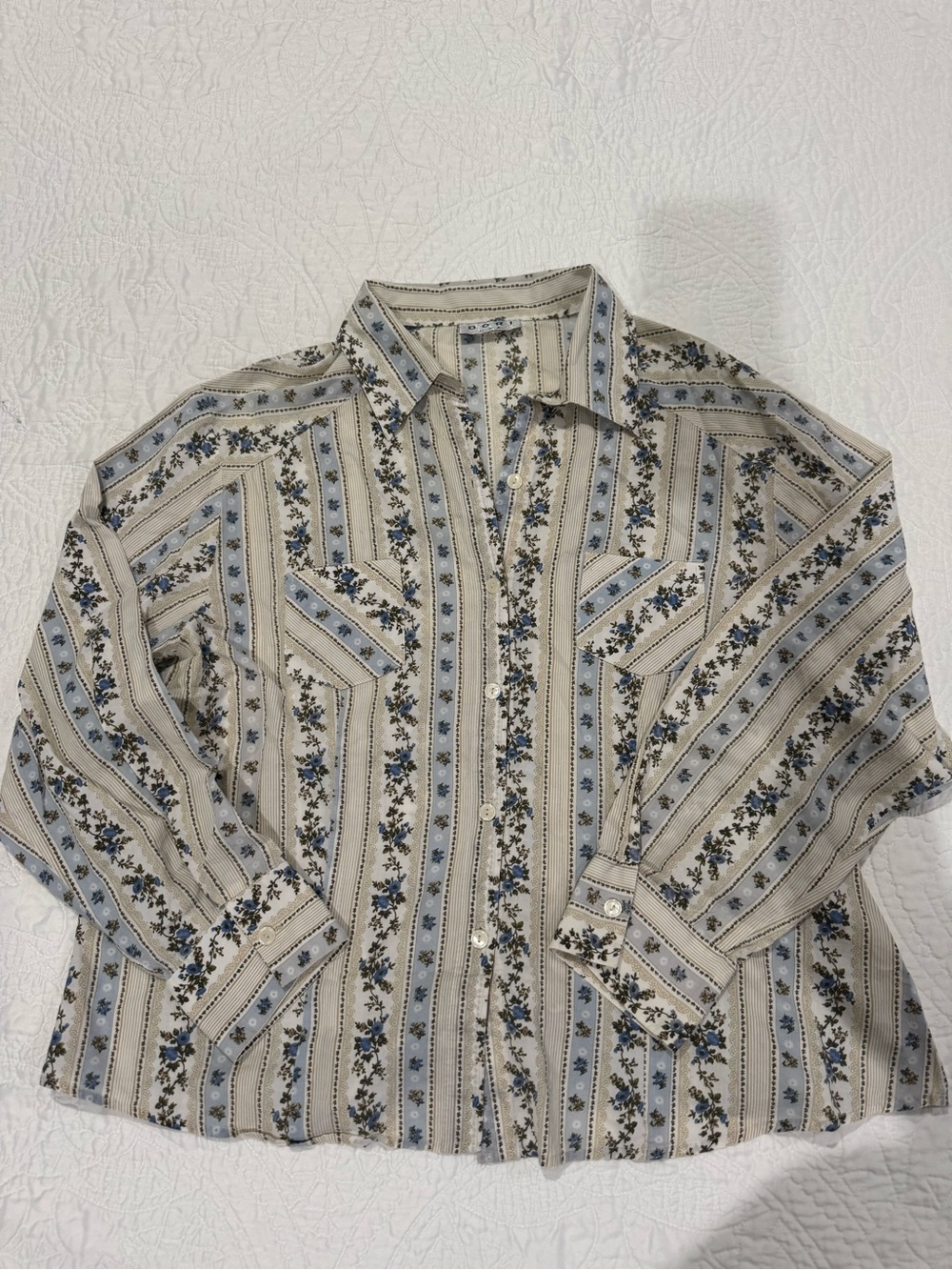 Women's Floral Stripe Button-Down Shirt - Cream & Blue